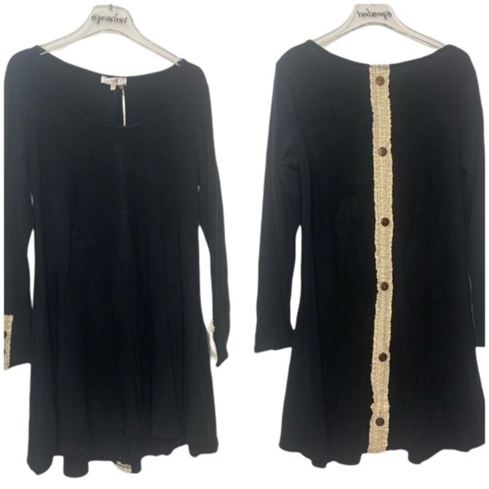 New Entro Bohemian Black Long Sleeve Boutique Swing Dress Cream Crochet Trim